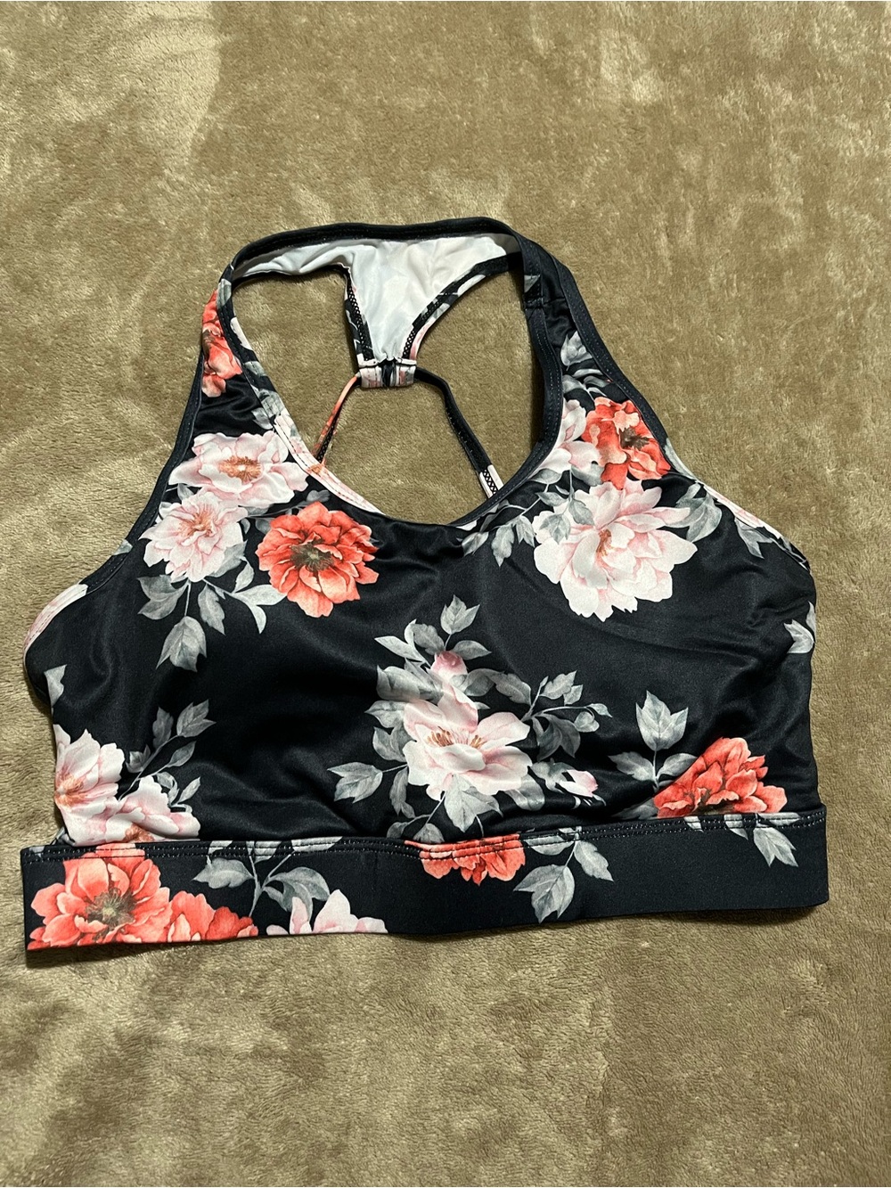 SHEIN Floral Racerback Sports Bra - Black with Coral & White Flowers-Size M